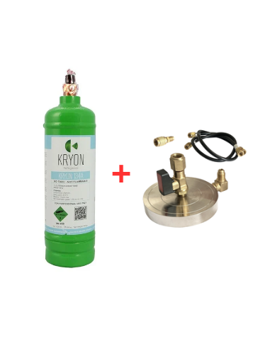Kit Gas Refrigerante R134a - 2,5Lt - 2Kg - valvola ¼ + Supporto Piattello