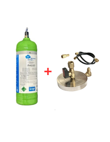 Kit Gas Refrigerante R422D - 1 Lt - 0,9 kg. - valvola ¼ + Supporto Piattello