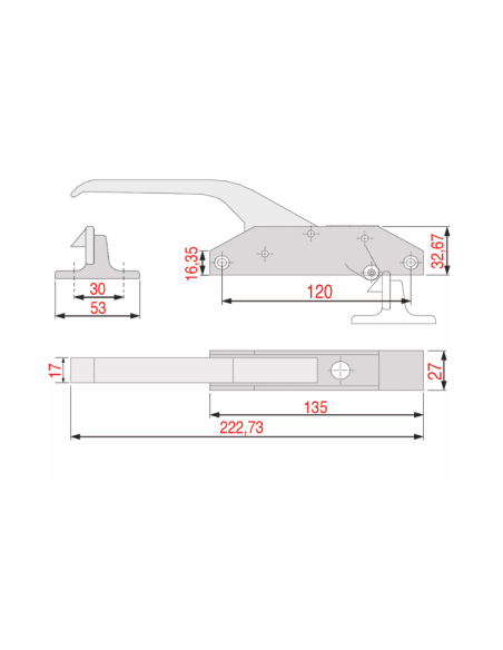 Serrure droite-gauche G-681 pour chambres froides sans poignée, entraxe de 120 mm